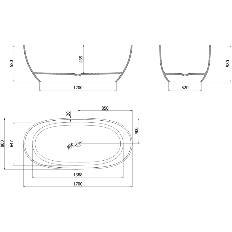 Mexen Pure baignoire autoportante transparente 170 x 80 cm, bonde chromée - 58071708006