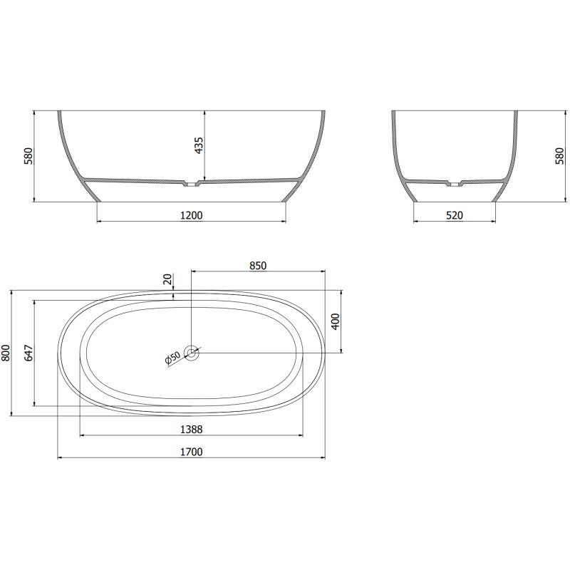Mexen Pure baignoire autoportante transparente 170 x 80 cm, rouille, bonde chromée - 58071708006