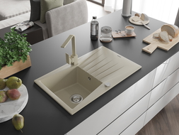 Mexen Cesar évier en granit 1 vasque avec égouttoir et robinet de cuisine Rita, beige - 6514-69-670300-69
