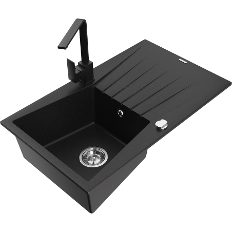 Mexen Cesar évier en granit à 1 bac avec égouttoir et robinet de cuisine Rita, noir - 6514-77-670300-70