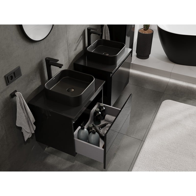 Mexen Orio meuble de salle de bains sous-lavabo 60 cm avec plateau, 1 tiroir, noir brillant - 91A10-06047-1-BFC70