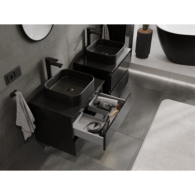Mexen Orio armoire de salle de bain sous lavabo 60 cm avec plateau, 2 tiroirs, noir brillant - 91A10-06047-2-BFFC70