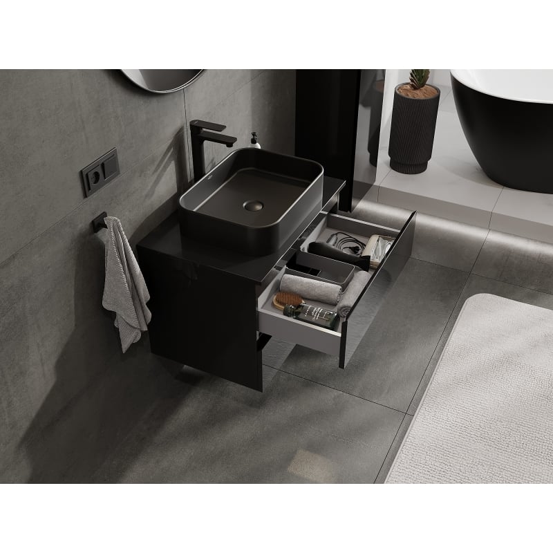 Mexen Orio meuble de salle de bains sous lavabo 70 cm avec plateau, 2 tiroirs, noir brillant - 91A10-07047-2-BFFC70