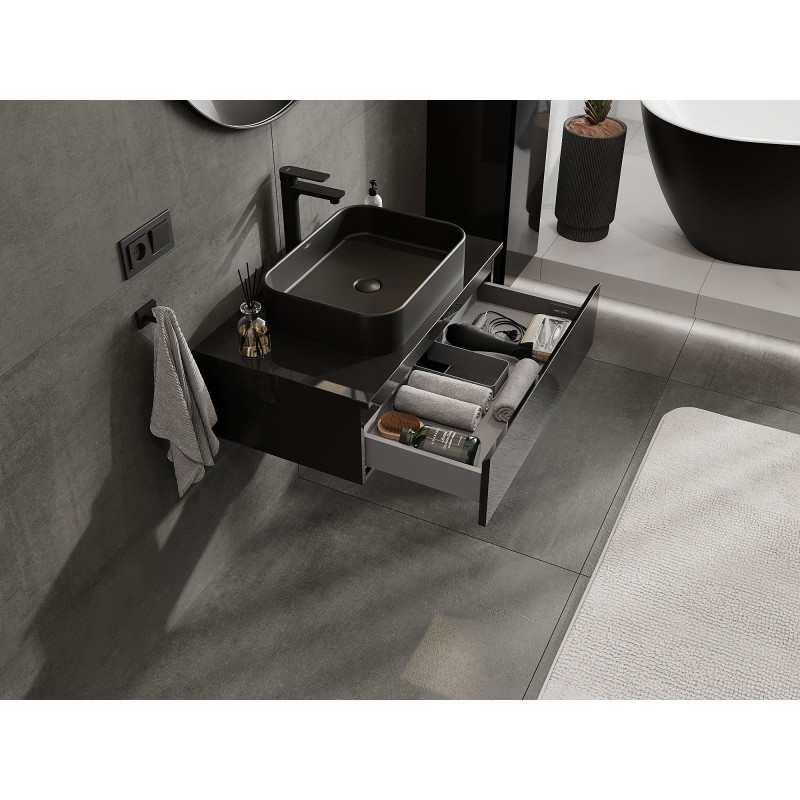 Mexen Orio armoire de salle de bain sous lavabo 80 cm avec plateau, 1 tiroir, noir brillant - 91A10-08023-1-BFC70