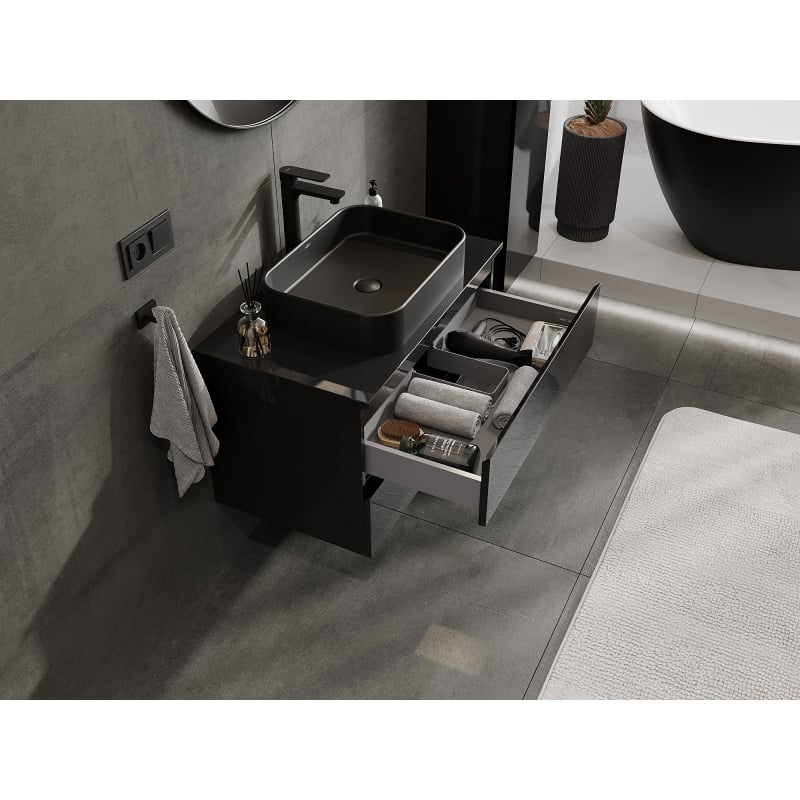 Mexen Orio armoire de salle de bain sous-lavabo 80 cm avec plan, 2 tiroirs, noir brillant - 91A10-08047-2-BFFC70