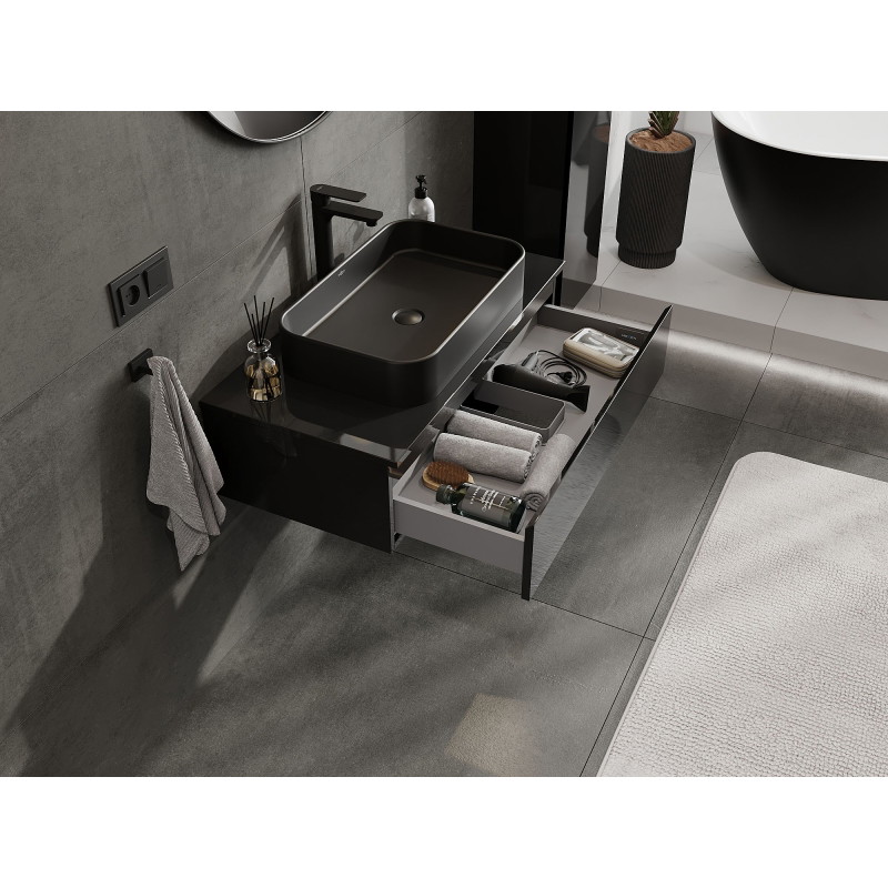 Mexen Orio armoire de salle de bain sous-lavabo 90 cm avec plateau, 1 tiroir, noir brillant - 91A10-09023-1-BFC70