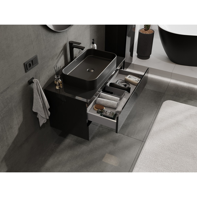 Mexen Orio meuble de salle de bain sous-vasque 90 cm avec plateau, 2 tiroirs, noir brillant - 91A10-09047-2-BFFC70