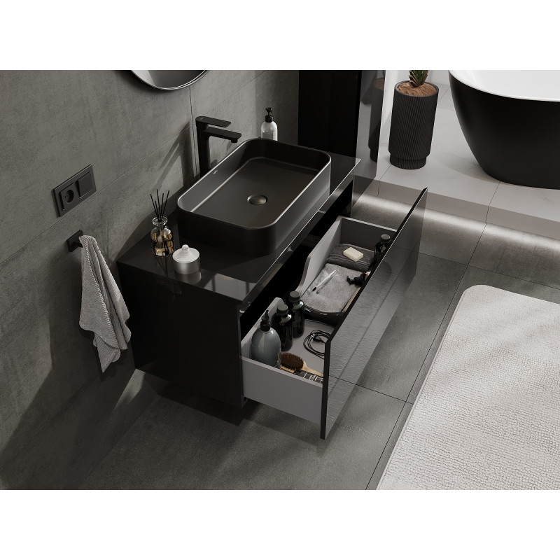 Mexen Orio meuble de salle de bain sous lavabo 100 cm avec plateau, 1 tiroir, noir brillant - 91A10-10047-1-BFC70