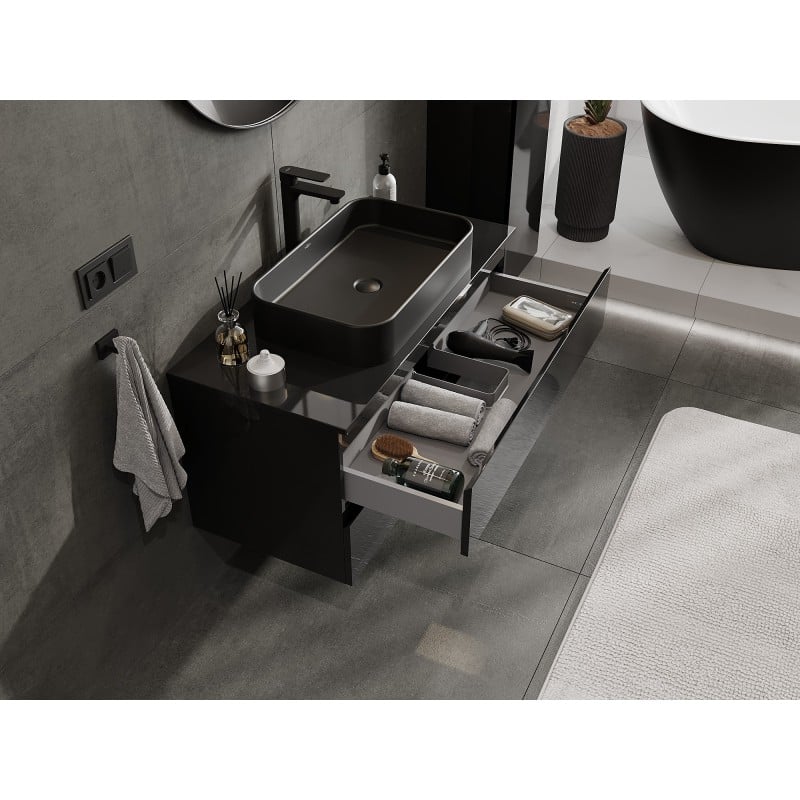 Mexen Orio meuble de salle de bain sous vasque 100 cm avec plateau, 2 tiroirs, noir brillant - 91A10-10047-2-BFFC70