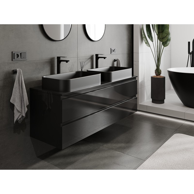 Mexen Orio armoire de salle de bain sous-vasque 140 cm avec plateau, 2 tiroirs, noir brillant - 91A10-14047-2-BFFC70