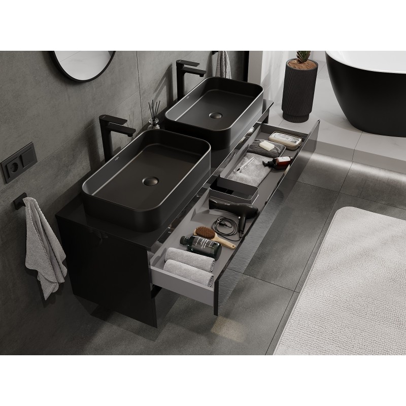Mexen Orio armoire de salle de bain sous-vasque 140 cm avec plateau, 2 tiroirs, noir brillant - 91A10-14047-2-BFFC70