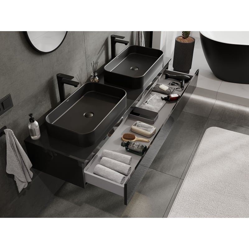 Mexen Orio meuble de salle de bain sous lavabo 160 cm avec plateau, 1 tiroir, noir brillant - 91A10-16023-1-BFC70