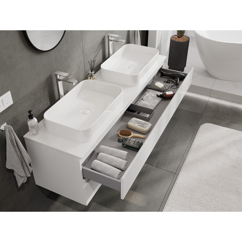 Mexen Orio meuble sous-lavabo 160 cm avec plateau, 2 tiroirs, blanc brillant - 91A10-16047-2-BFFC00