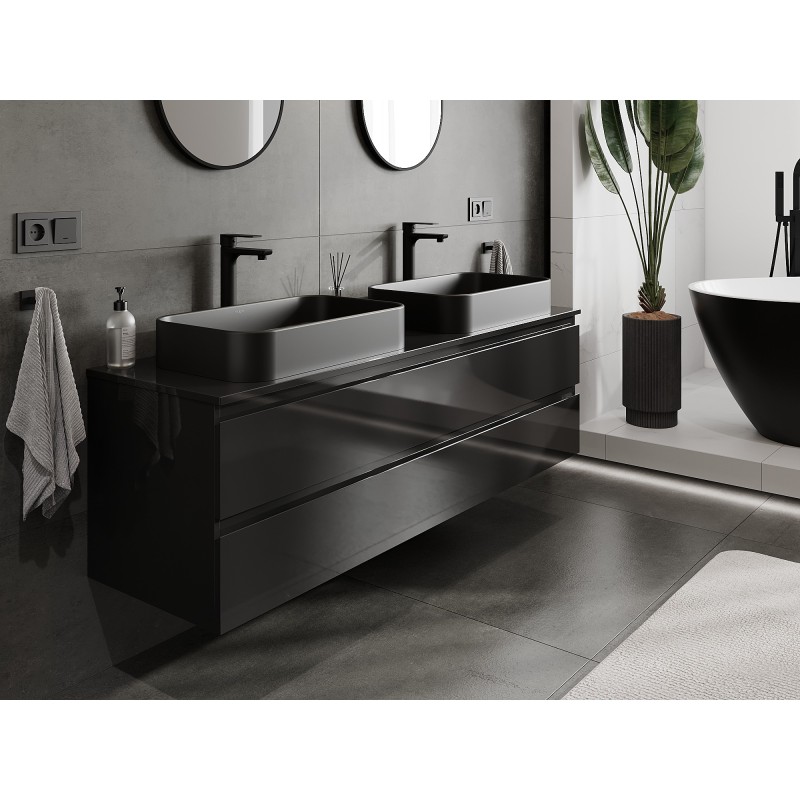 Mexen Orio meuble de salle de bains sous-lavabo 160 cm avec plan, 2 tiroirs, noir brillant - 91A10-16047-2-BFFC70