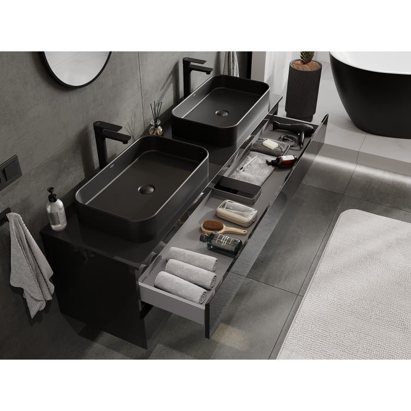 Mexen Orio meuble de salle de bains sous-lavabo 160 cm avec plan, 2 tiroirs, noir brillant - 91A10-16047-2-BFFC70