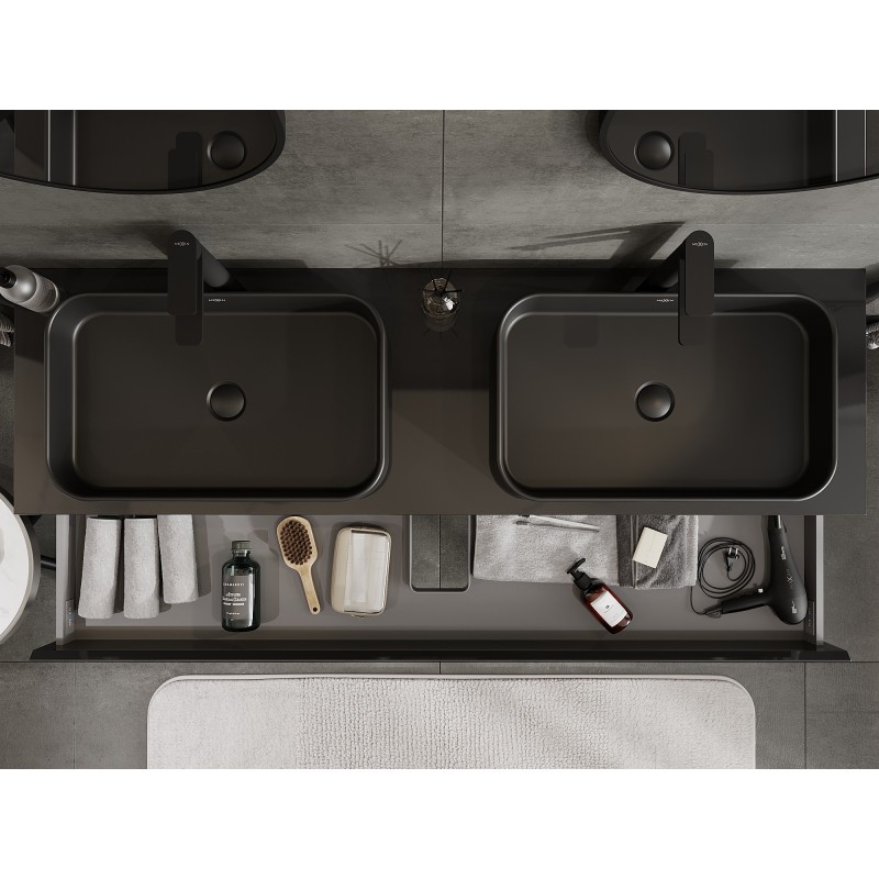 Mexen Orio meuble de salle de bains sous-lavabo 160 cm avec plan, 2 tiroirs, noir brillant - 91A10-16047-2-BFFC70
