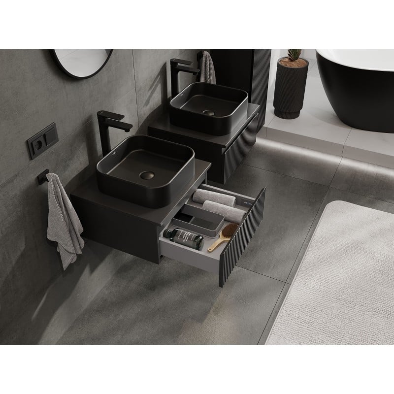 Mexen Rivel meuble de salle de bain sous-vasque 50 cm avec plateau, 1 tiroir, rainuré, noir mat - 91A20-05023-1-BFC71