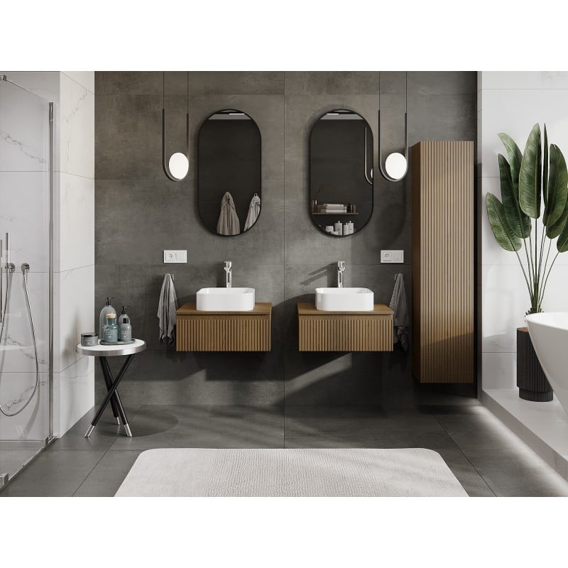 Mexen Rivel armoire de salle de bains sous-lavabo 60 cm avec plateau, 1 tiroir, rainurée, noyer - 91A20-06023-1-BFC86