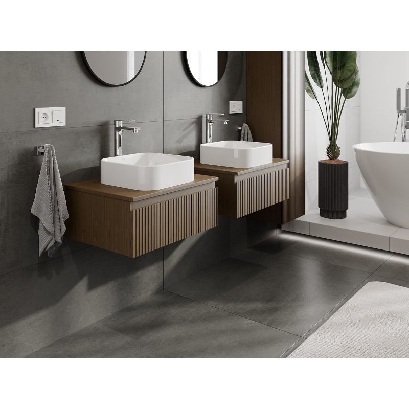 Mexen Rivel armoire de salle de bains sous-lavabo 60 cm avec plateau, 1 tiroir, rainurée, noyer - 91A20-06023-1-BFC86