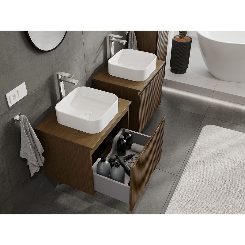 Mexen Rivel armoire de salle de bain sous-lavabo 60 cm avec plateau, 1 tiroir, rainuré, noyer - 91A20-06047-1-BFC86