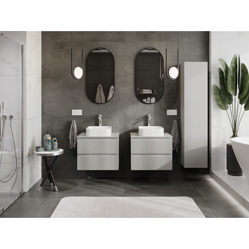 Mexen Rivel meuble de salle de bain sous lavabo 60 cm avec plateau, 2 tiroirs, cannelé, gris mat - 91A20-06047-2-BFFC62