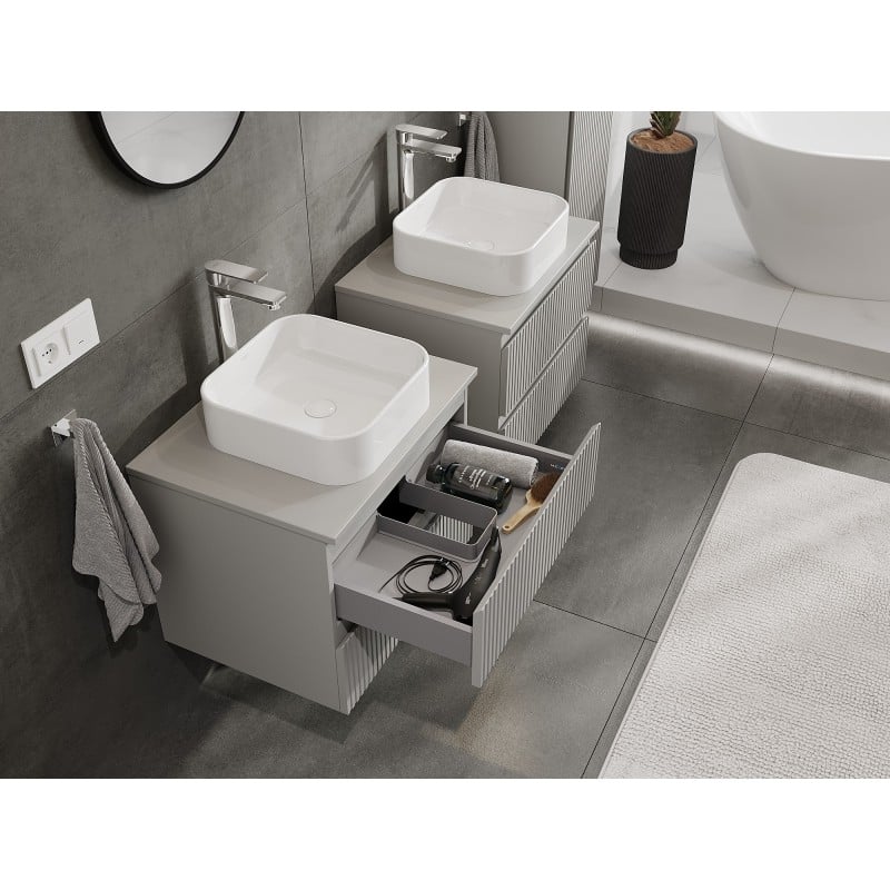 Mexen Rivel meuble de salle de bain sous lavabo 60 cm avec plateau, 2 tiroirs, cannelé, gris mat - 91A20-06047-2-BFFC62