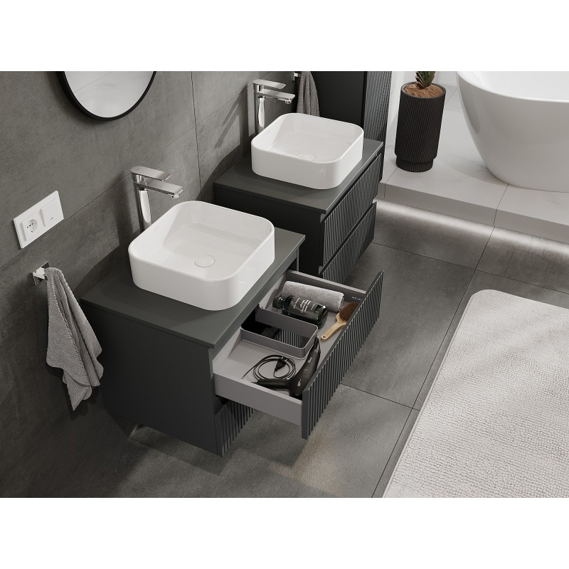 Mexen Rivel armoire de salle de bain sous-vasque 60 cm avec plan, 2 tiroirs, rainurée, graphite mat - 91A20-06047-2-BFFC66