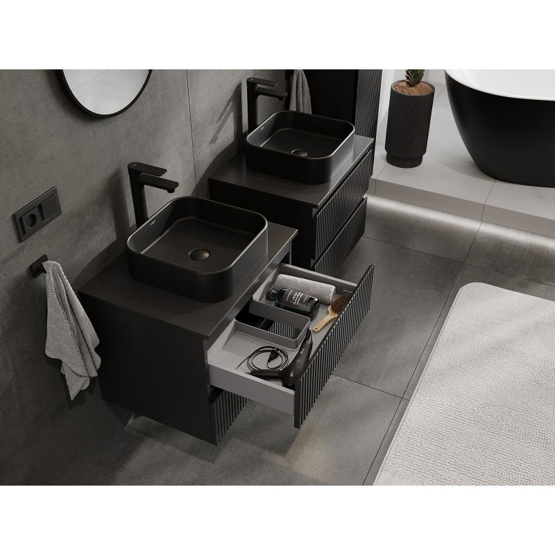 Mexen Rivel meuble de salle de bain sous-vasque 60 cm avec plateau, 2 tiroirs, rainuré, noir mat - 91A20-06047-2-BFFC71