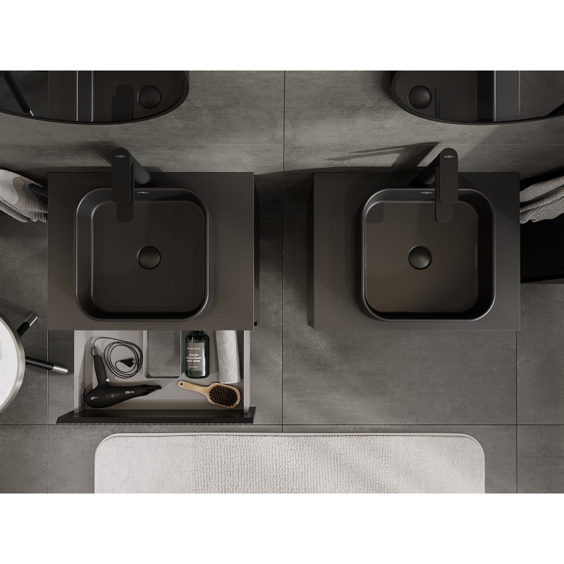 Mexen Rivel meuble de salle de bain sous-vasque 60 cm avec plateau, 2 tiroirs, rainuré, noir mat - 91A20-06047-2-BFFC71