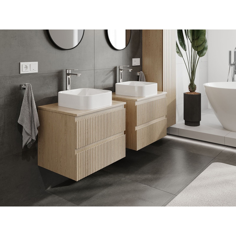 Mexen Rivel meuble de salle de bain sous lavabo 60 cm avec plateau, 2 tiroirs, rainuré, chêne - 91A20-06047-2-BFFC81