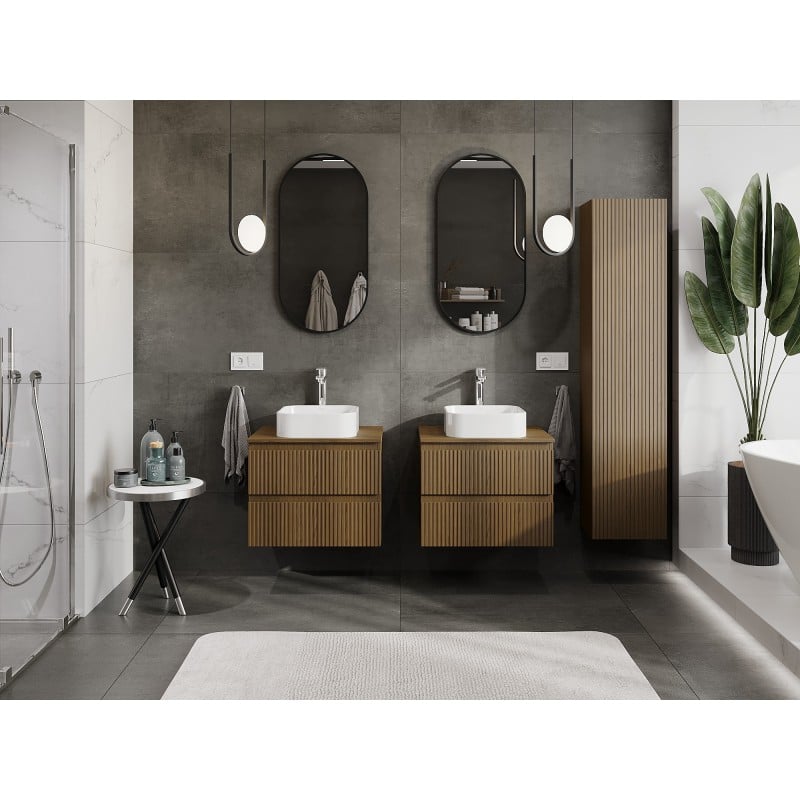 Mexen Rivel armoire de salle de bains sous lavabo 60 cm avec plan, 2 tiroirs, rainurée, noyer - 91A20-06047-2-BFFC86
