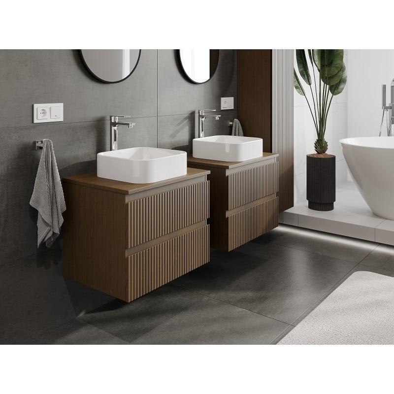 Mexen Rivel armoire de salle de bains sous lavabo 60 cm avec plan, 2 tiroirs, rainurée, noyer - 91A20-06047-2-BFFC86