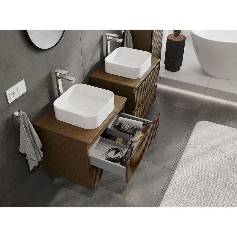 Mexen Rivel armoire de salle de bains sous lavabo 60 cm avec plan, 2 tiroirs, rainurée, noyer - 91A20-06047-2-BFFC86