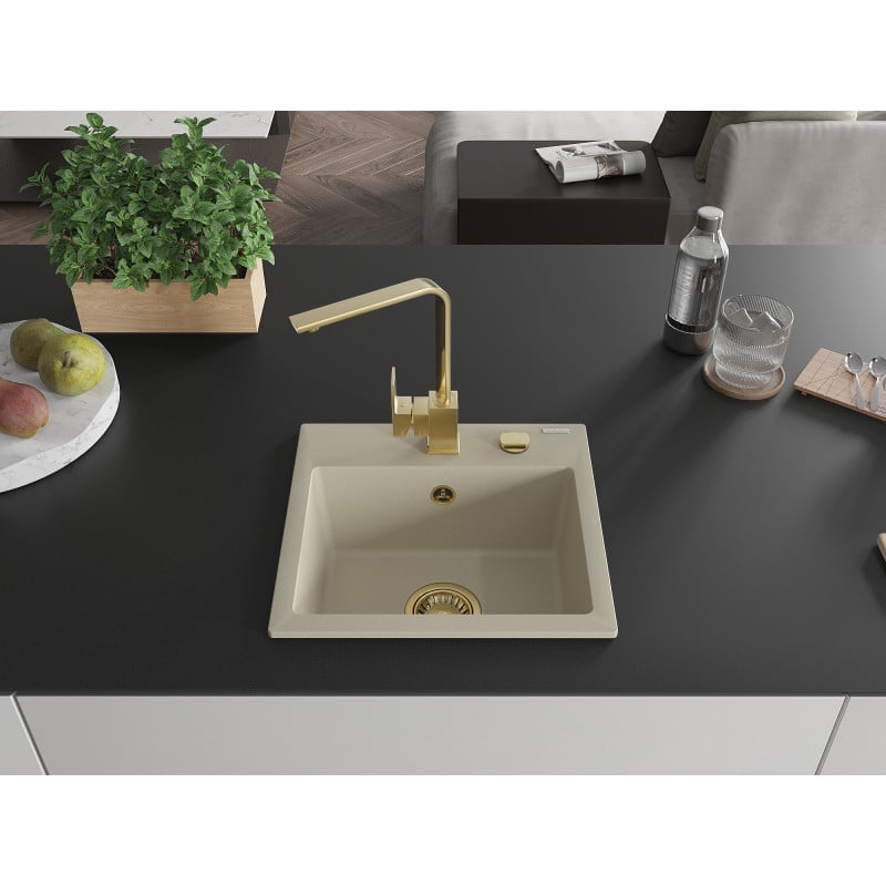 Mexen Milo évier en granit 1 bac avec robinet de cuisine Rita, beige - 6505-69-670300-50