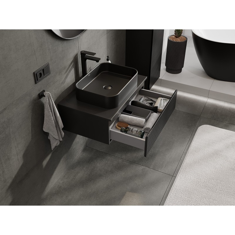 Mexen Rivel meuble de salle de bains sous-vasque 70 cm avec plateau, 1 tiroir, rainuré, noir mat - 91A20-07023-1-BFC71