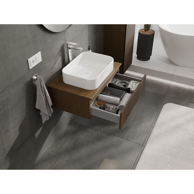 Mexen Rivel meuble de salle de bain sous lavabo 70 cm avec plateau, 1 tiroir, rainuré, noyer - 91A20-07023-1-BFC86