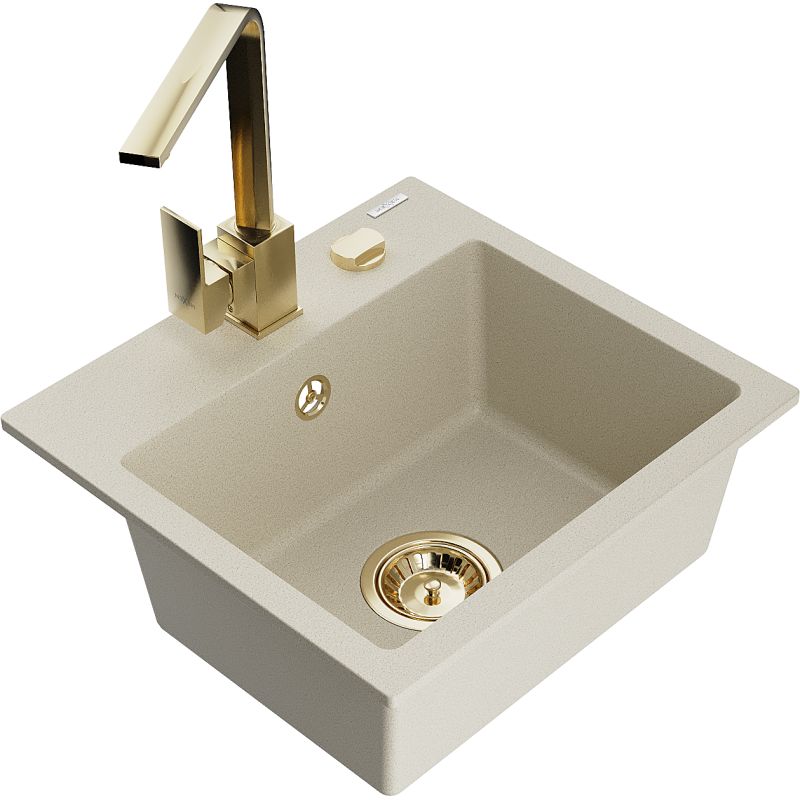 Mexen Milo évier en granit 1 bac avec robinet de cuisine Rita, beige - 6505-69-670300-50