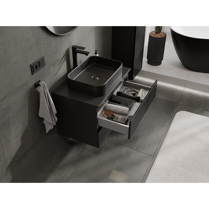 Mexen Rivel armoire de salle de bain sous lavabo 70 cm avec plateau, 2 tiroirs, rainurée, noir mat - 91A20-07047-2-BFFC71