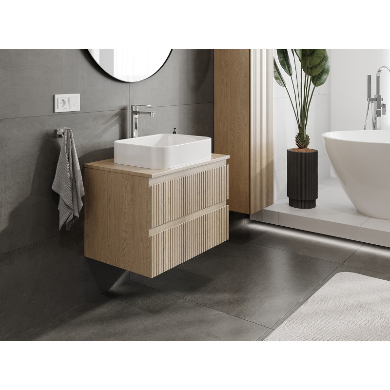 Mexen Rivel armoire de salle de bains sous-vasque 70 cm avec plateau, 2 tiroirs, rainurée, chêne - 91A20-07047-2-BFFC81