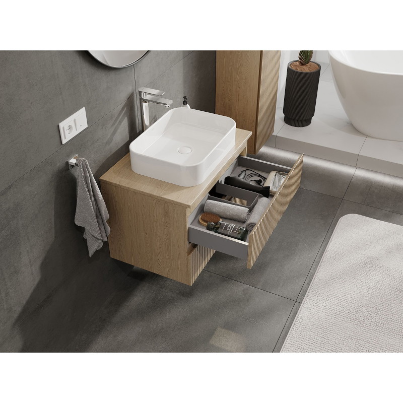 Mexen Rivel armoire de salle de bains sous-vasque 70 cm avec plateau, 2 tiroirs, rainurée, chêne - 91A20-07047-2-BFFC81