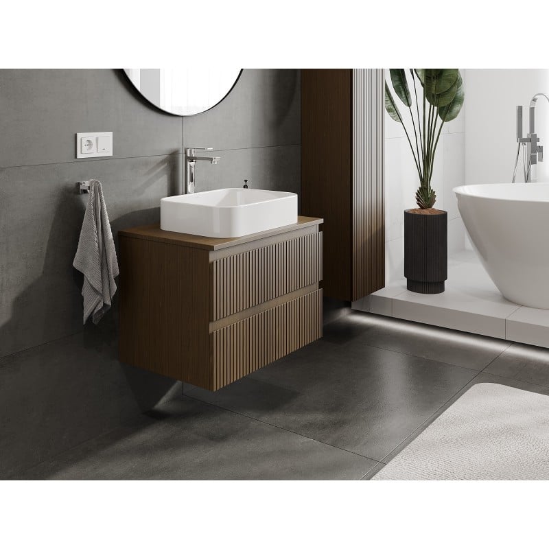 Mexen Rivel armoire de salle de bain sous-vasque 70 cm avec plateau, 2 tiroirs, rainuré, noyer - 91A20-07047-2-BFFC86