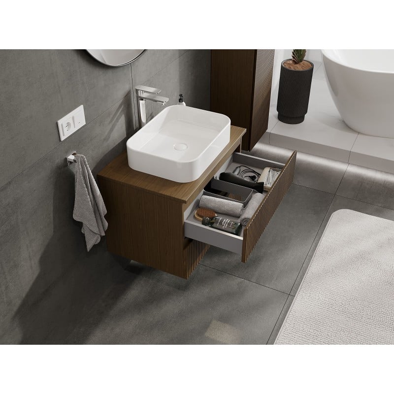 Mexen Rivel armoire de salle de bain sous-vasque 70 cm avec plateau, 2 tiroirs, rainuré, noyer - 91A20-07047-2-BFFC86