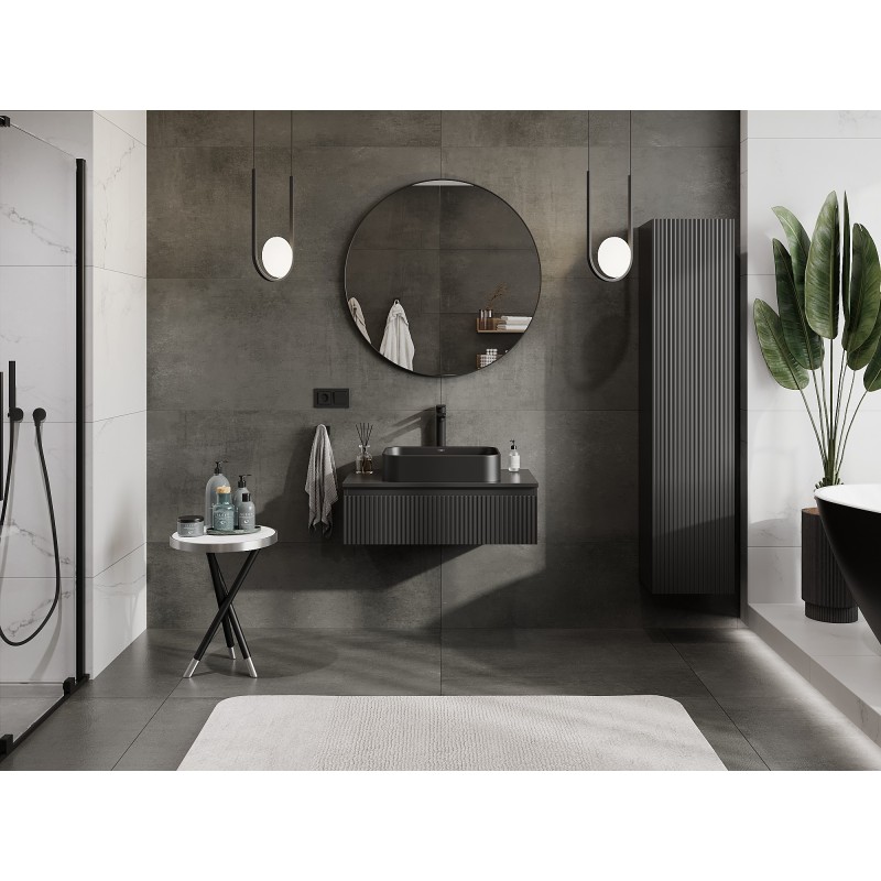 Mexen Rivel meuble de salle de bain sous-lavabo 80 cm avec plateau, 1 tiroir, rainuré, noir mat - 91A20-08023-1-BFC71