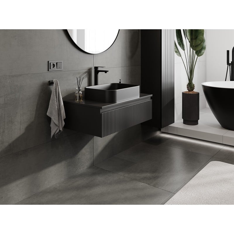 Mexen Rivel meuble de salle de bain sous-lavabo 80 cm avec plateau, 1 tiroir, rainuré, noir mat - 91A20-08023-1-BFC71