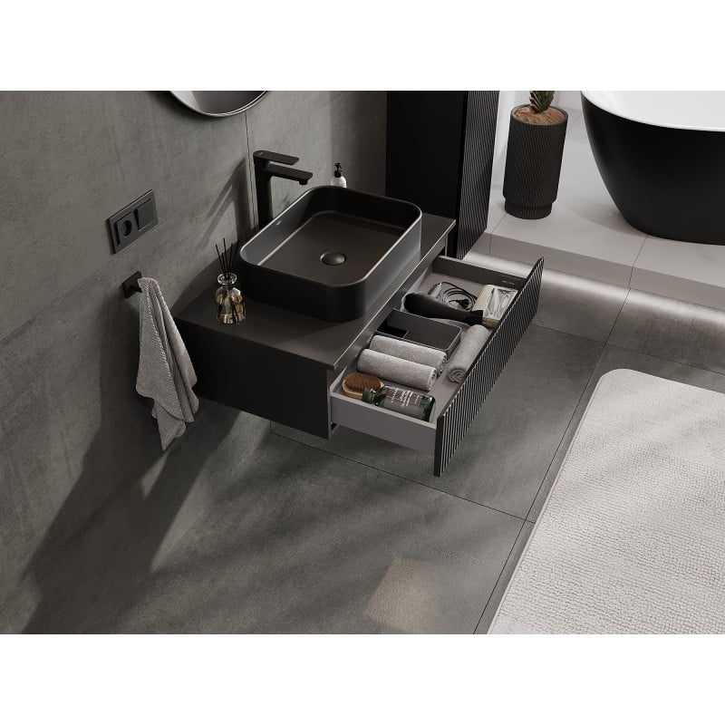 Mexen Rivel meuble de salle de bain sous-lavabo 80 cm avec plateau, 1 tiroir, rainuré, noir mat - 91A20-08023-1-BFC71