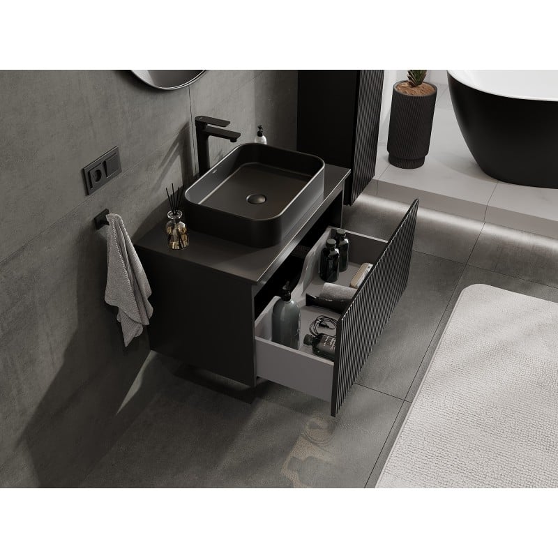 Mexen Rivel meuble de salle de bain sous lavabo 80 cm avec plateau, 1 tiroir, rainuré, noir mat - 91A20-08047-1-BFC71