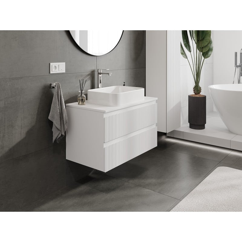 Mexen Rivel meuble de salle de bains sous-vasque 80 cm avec plateau, 2 tiroirs, rainuré, blanc mat - 91A20-08047-2-BFFC01