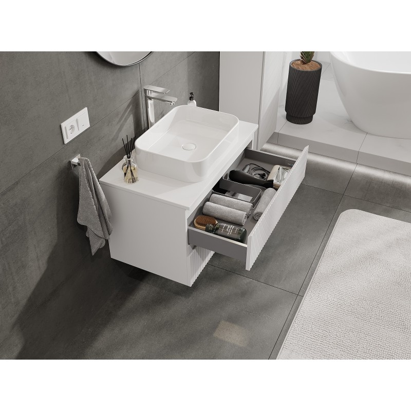 Mexen Rivel meuble de salle de bains sous-vasque 80 cm avec plateau, 2 tiroirs, rainuré, blanc mat - 91A20-08047-2-BFFC01