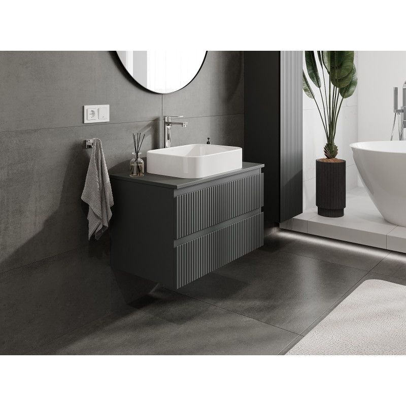 Mexen Rivel meuble de salle de bains sous-lavabo 80 cm avec plateau, 2 tiroirs, rainuré, graphite mat - 91A20-08047-2-BFFC66