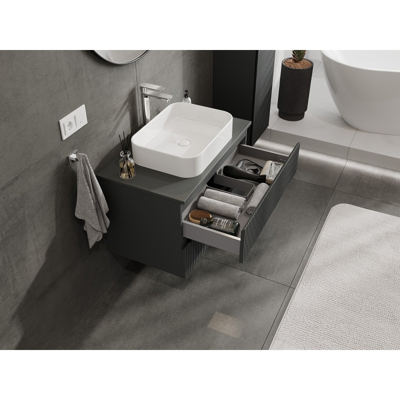 Mexen Rivel meuble de salle de bains sous-lavabo 80 cm avec plateau, 2 tiroirs, rainuré, graphite mat - 91A20-08047-2-BFFC66